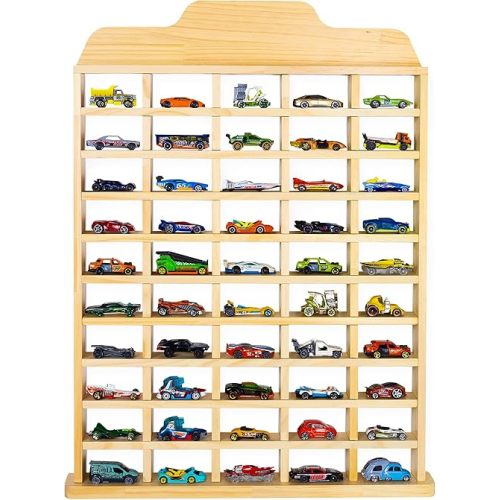 PATHFINDER PANDAS Wooden Toy Car Display Shelf - Holds 50 Cars - Matchbox Display Wall Mount for 1/64 Diecast Toy Cars - Charming & Durable Toy Car Storage Wall - Freestanding or Hanging Car Shelf