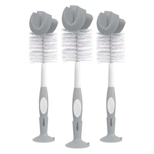 Dr. Brown's Reusable Sponge Baby Bottle Cleaning Brush Set with Suction Cup Stand, Scrubber and Nipple Cleaner, Gray, 3 Pack - 3-pack, Gray Bottle Brush
