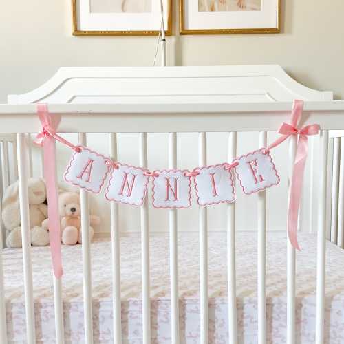 Personalized Pink Dot Name Banner – Baby Girl Name Polkadot Garland for Nursery, Crib, Baby Shower Decor – Custom Embroidered Appliqué Sign