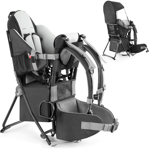 besrey Baby Backpack Carrier, Toddler Hiking Backpack with Safety 3-Height Seat, Adjustable Straps&Waist Belt, Foldable Frame Lightweight Large Capacity Child Carrier for Hiking (Black)