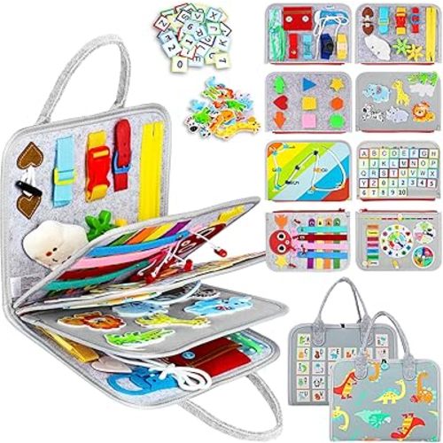 Esjay Toddler Busy Board Montessori Toys for Boys Girls, Sensory Board Educational Activities for Learning Fine Motor Skills, Birthday Gifts for Toddlers, Travel Toys for Airplane Car,Grey Dinosaur