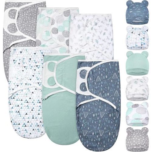Ramede 6 Pack Baby Swaddle Blanket with Hats Sleep Swaddle for 0-3 Months Newborn Sacks Soft Cotton Wearable for Boy Girl