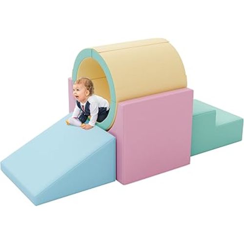 Tunnel/Ramps Foam Climber, Climb & Crawl Foam Activity Play Set for Toddlers and Kids, Safe Indoor Crawling Gym Equipment for,Infant,Baby Waterproof Easy to Clean (Pink)