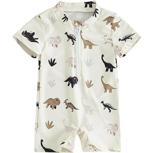 Gueuusu Toddler Baby Boys Summer Swimsuit Short Sleeve Tropical Tree/Shark/Dinosaur Print Zipper Jumpsuit Rash Guard Swimwear