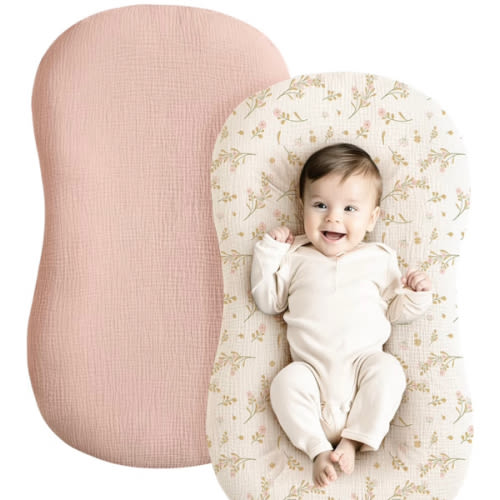 Konssy Muslin Baby Lounger Cover 2 Pack, 100% Cotton Newborn Lounger Cover, Soft and Breathable Baby Nest Slipcover for Boys Girls (Pink, Floral)