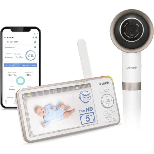 VTech V-Care 1080p FHD Over-The-Crib WiFi Smart Baby Monitor with 5" 720p HD LCD Screen. Remote Access, Intelligence Built-in, Sleep Analysis, Rollover & Face Cover Detection, 18 hrs. Recording