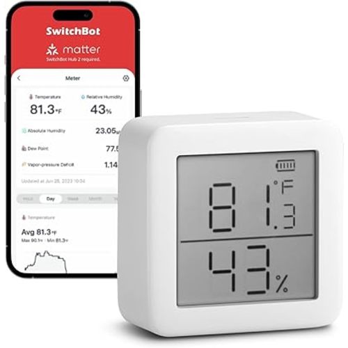 SwitchBot Room Thermometer Hygrometer Indoor, Bluetooth Digital Temperature Monitor with Free Data Storage, Dewpoint/VPD/Absolute Humidity, Hygrometer Indoor Humidity Meter, Thermometer for Home