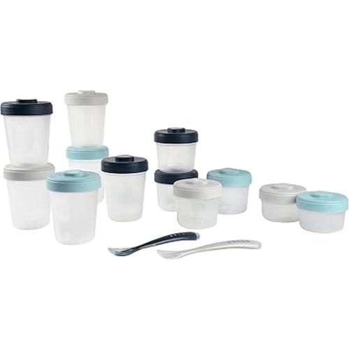Beaba Clip Containers Set of 12 + 2 Spoons, Baby Food Storage Containers, Food Storage Containers with Lid, Baby Food + Toddler Snack Containers (Rain)