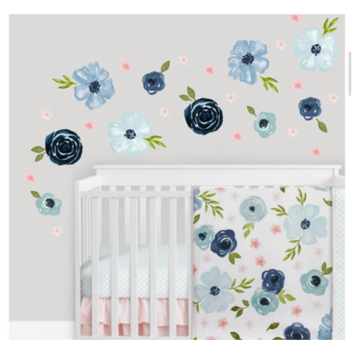 Watercolor Floral Navy Blue And Pink Collection Peel and Stick Wall Decal Stickers - Set of 4 Sheets