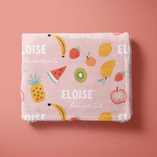 Fruity Name Blanket, Personalized Strawberry Blanket, Name Blanket for Girl, Cute Kids Nursery Decor, Gift For Baby Girl, Fruit Blankie