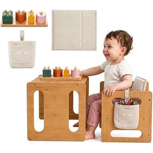 Montessori Weaning Table & Chair Set – Kids Desk & Activity Table with Flip Chair, Removable Cushion, Hanging Pouch & Toy, Convertible, Indoor/Outdoor Toddler Dining, Play & Learning