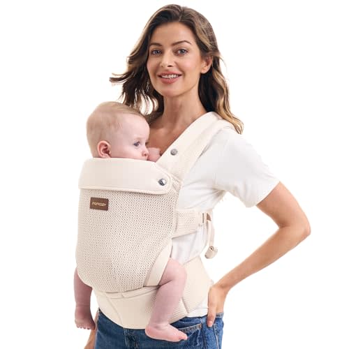 Momcozy Breathable Baby Carrier, Ergonomic and Lightweight Infant Carrier for 7-45lbs with Enhanced Lumbar Support, All Day Comfort for Hands-Free Parenting, Air Mesh-Apricot