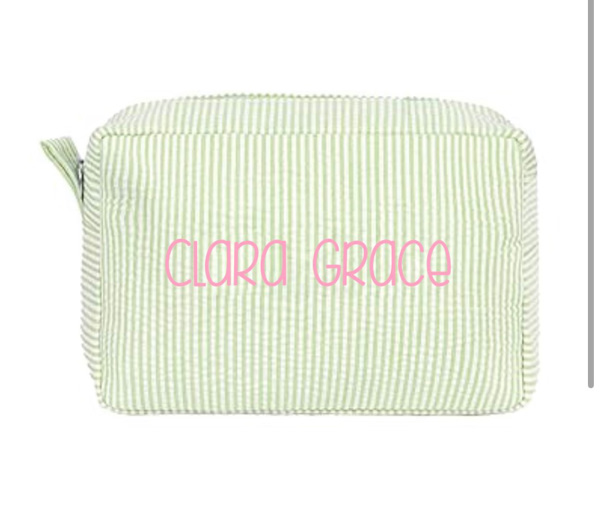 MT WORLD Personalized Makeup Bag Cute Cotton Cosmetic Bag for Women Seersucker Bridesmaid Travel Makeup Bag for Girls Aesthetic Toiletry Bag Organizer Storage Pouch (Green)