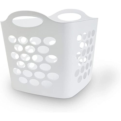 Plastic Laundry Basket, White, Flexible Hamper, Ideal for Laundry Room, Organizer, Storage, Closet, Dorm, Easy-to-Carry Handles, Easy Lift Comfort