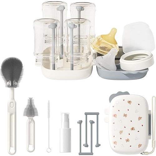 TPE & Silicone Travel Baby Bottle Cleaning Kit, 6-in-1 Baby Bottle Cleaner Brush Set with Breast Pump Cleaning, Nipple Brush, Straw Brush, Soap Dispenser, Portable Drying Rack, Baby Travel Essential
