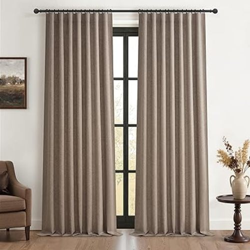 Dark Flax Black Out 96 Inch Long Boho Curtains 2 Panel Set, Farmhouse Curtain for Living Room Darkening/Thermal/Noise Reduction Textured Linen Drape 8ft Hook&Ring Included Chocolate 50"x96"