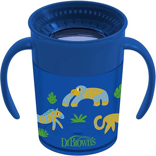 Dr. Brown’s Milestones Cheers 360 Cup Spoutless Transition Cup with Handles for Easy Grip and Leak-Free Learning, Blue Safari, 7 oz/200 mL