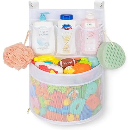 Baby Bath Toy Organizer, quick drying， and mould proof, Multiple-Suspension Bath Toy Holder, Large Capacity Multi Use Bathtub Toy Storage Bag（1 Large, White）