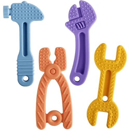 Fu Store 4 Pack Soft Silicone Teething Toys for 0-12 Months 6-24 Months Toddlers Infant Hammer Spanner Wrench Pliers Tools Shape Baby Teethers Relief Soothe Babies Gums Set