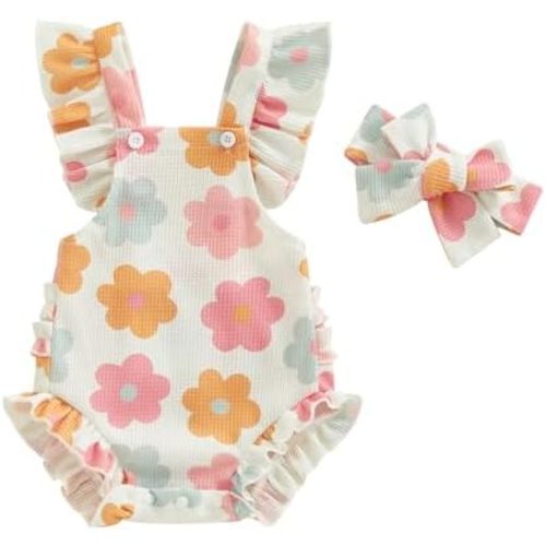Infant Baby Girl Summer Clothes Outfits Cute Print Fly Sleeve Romper Jumpsuit Bodysuit with Headband
