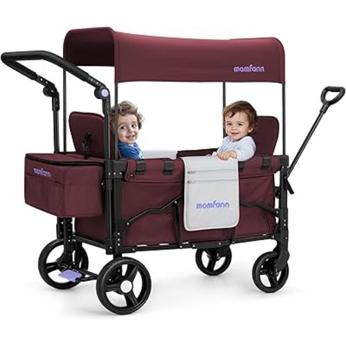 Stroller Wagon for 2 Kids, Baby Wagon Stroller with Adjustable Handle for Infants and Toddlers with Canopy & Organizer, Foldable and Convenient for Storage, Purple
