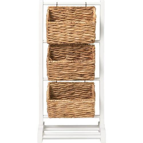 HOMESTEAD 3-Tier Wooden Shelf with Water Hyacinth Woven Baskets – Rattan Shelf Basket, Boho Room Decor, Wooden Book Shelf, Bathroom Storage Shelves, Kitchen, Laundry, Living Room