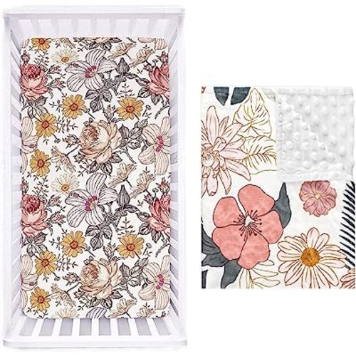 Crib Sheet Jersey Cotton, Fitted Cotton Baby & Toddler Universal Crib Sheets, Floral Crib Sheet Set,Flower Minky Toddler Blanket for Girls