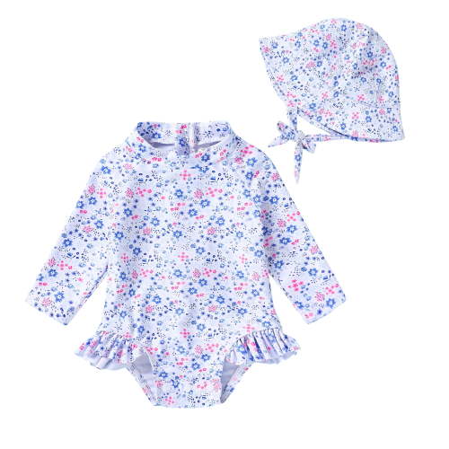 Younger Tree Toddler Baby Girl One-Piece Rash Guard Swimsuit with Long Sleeves Ruffles Hat for 0-3 Months
