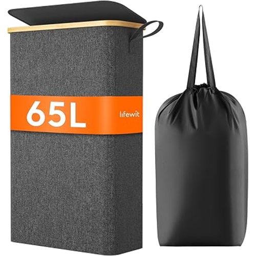 Lifewit 65L Slim Laundry Hamper with Lid, Narrow Laundry Basket with Removable Bag & Bamboo Handles, Fodable Thin Dirty Clothes Hamper for Laundry Collapsible Bin for Bathroom Bedroom Dorm, Black