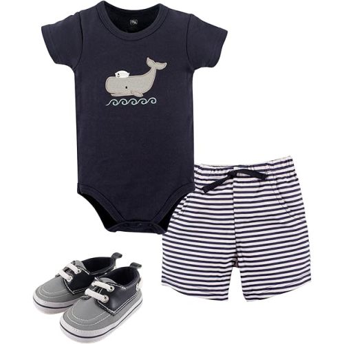 Hudson Baby Unisex Baby Cotton Bodysuit, Shorts and Shoe Set