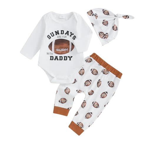 Baby Boy Football Outfits Sundays are for with daddy Letter Print Bodysuit Romper Rugby Legging Pants Hat 3pcs Set