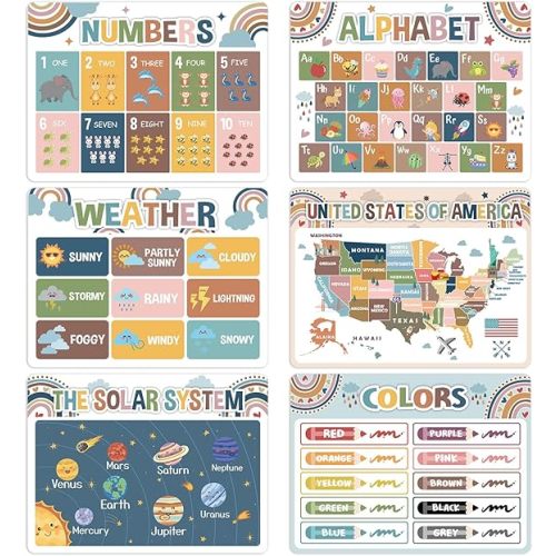 Educational Preschool Placemats Set of 6 Boho Plastic Table Mats Toddler Children Montessori Place Mats for Kids Washable Vinyl Holiday Table Decoration for Indoor Outdoor Party Kitchen Dining Table