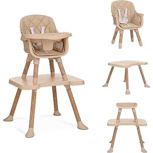 Dream On Me Luna 4-in-1 Convertible Baby High Chair in Beige, Transforms into Booster, Toddler Seat & Table Set, Adjustable and Removable Tray Portable High Chair