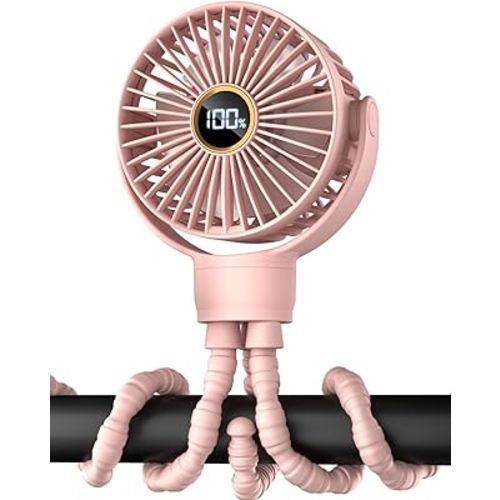 buywoo 3.5" Battery Powered Baby Stroller Cooling Fan, 3-Speed Rechargebale Tripod Fan with 360 Degree Rotation, Quiet Portable Fan with LED Display, Great for Car Seat, Crib, Bike, Treadmill, Pink