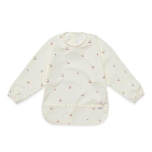 Lalo Smock Bib - Long Sleeve Bib for Infants and Toddlers - Elastic Cuffs, Large Catch-All Pocket, Waterproof Recycled Polyester - Easy to Clean for Mealtime and Art Time - Cherry Infant