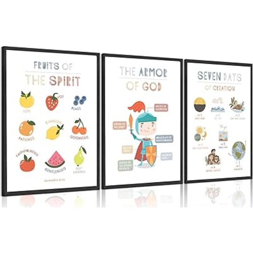 3 Pcs Christian Nursery Wall Art Kids Room Wall Decor Fruits of the Spirit Poster The Armor of God Painting pictures Boys Bedroom Home Decoration for Classroom Church Unframe