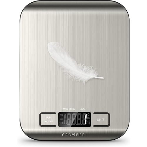 CROWNFUL Food Scale, 11 lb Digital Kitchen Scales with Built-in Coin Battery, Weight Ounces and Grams for Cooking and Baking, 6 Units with Tare Function, LCD Display, 304 Stainless Steel