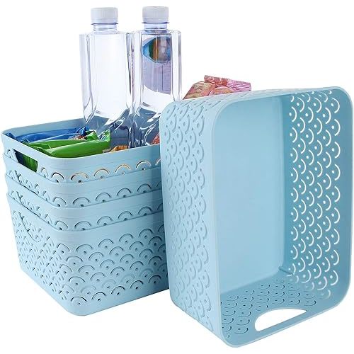 5 Pack Plastic Storage Baskets, Portable Blue Fish Scale Pattern Hollow Desktop Storage Bin Box with Handle for Kitchen, Bathroom, Kids Room or Nursery Storage – 9.4 x 7.1 x 4.1 inches