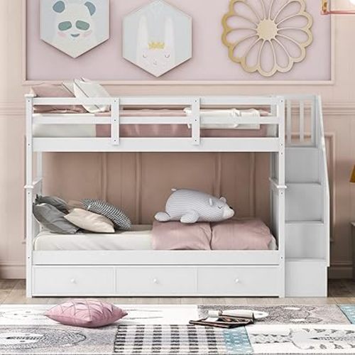 Harper & Bright Designs Twin Over Twin Bunk Bed with Stairs and Guard Rail, Twin Size Bunk Beds with Storage Drawers,Wooden Bunk Bed Frame for Bedroom, Dorm, Kids, Teens, Adults,White