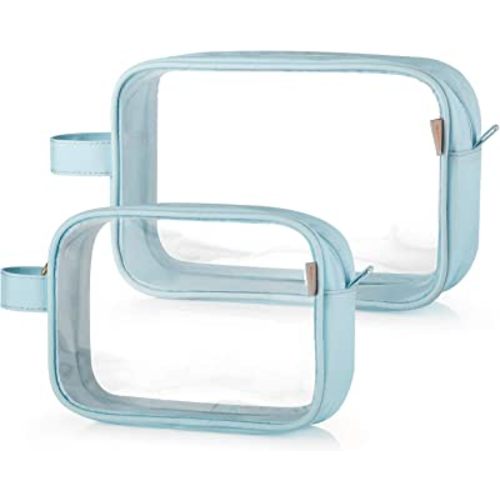 GAGAKU 2pcs Clear Toiletry Bag TSA Approved Travel Toiletry Bags Liquid Bag with Handle Strap, Waterproof Transparent Makeup Cosmetic Bags for Women - Light Blue