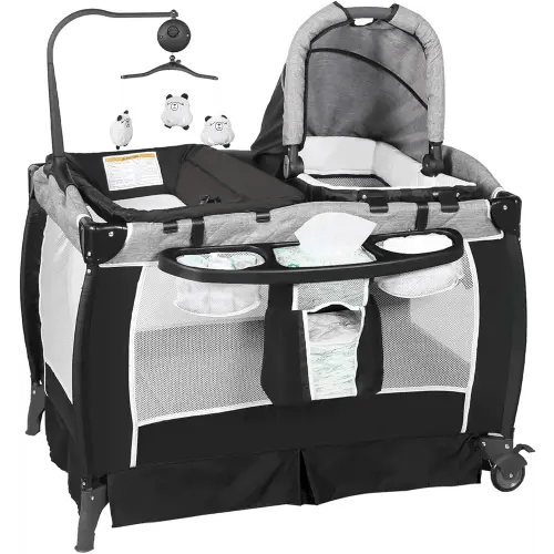 Kinder King 5 in 1 Portable Nursery Center, Foldable Playard for Baby & Toddler, Infant Pack n Play w/Bassinet, Mattress, Newborn Changing Table, Cradle, Travel Bag, Music & Toys, Storage Basket