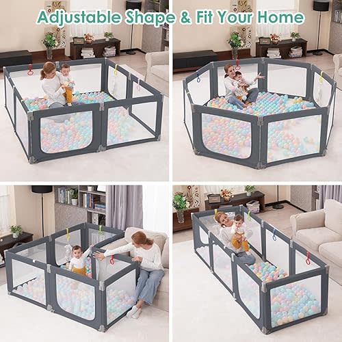 Shapeable Baby Play Pen, Foldable, 71"×69" Playard Adjustable Shape & Size, Baby Fence with Gate Safety Indoor & Outdoor, Deep Grey