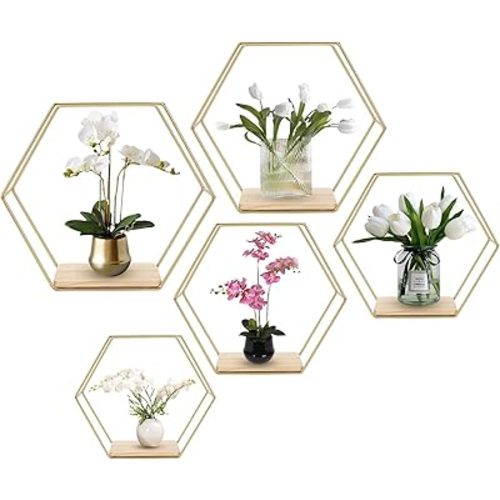 Wall Mounted Hexagonal Floating Shelves Set of 5 in Different Sizes, Modern Metal Shelf, Simple Wood Partition Storage Shelves, Gold Decor Rack for Bedroom, Living Room, Kitchen and Office