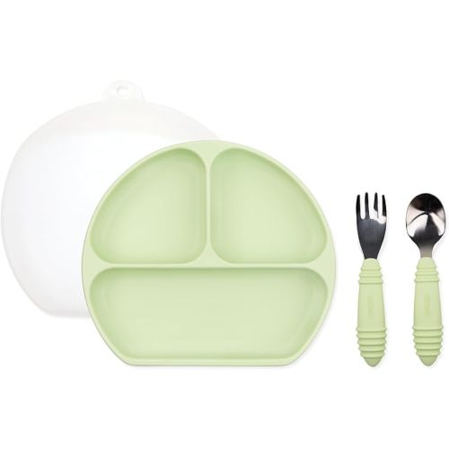 Bumkins - Silicone Grip Dish 3-Section, Fork & Spoon & Lid - For Ages 18 Months+ - Suction Base - 100% Food-Safe Silicone - Oven, Microwave, Freezer, & Dishwasher Safe - Green