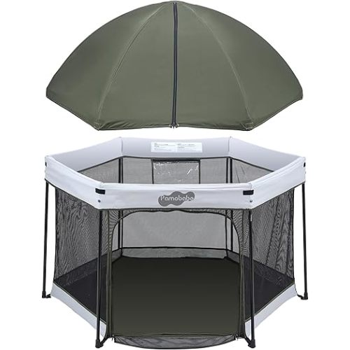 Pamo Babe Baby Playpen with Sun Protection Canopy - Indoor & Outdoor Play Yard for Babies and Toddlers - Baby Tent with Zipper Door