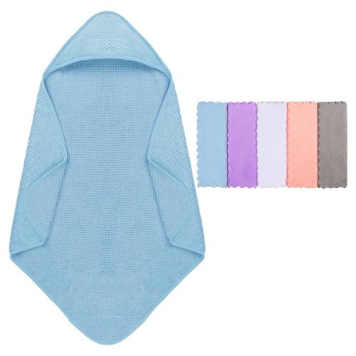 Orighty Baby Hooded Towel with Five Washcloths, 28 x 28 Inch Super Soft Bath Towel with Hood for Babies, Infant, Newborn Essential - Ideal Baby Stuff Registry for Boys and Girls (Blue)