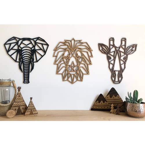 Safari Wall Decor Art Wooden Geometric Set - Home Nursery - Elephant - Lion - Giraffe - Animal Kingdom - Africa - Prints