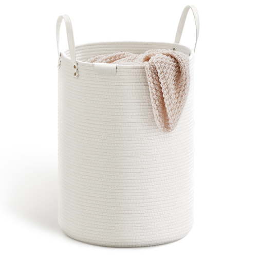 SOJERKI Cotton Woven Rope Laundry Hamper,58L Storage Decorative Laundry Basket for Blankets,Dirty Clothes,Toys,Plant Pot-White PU