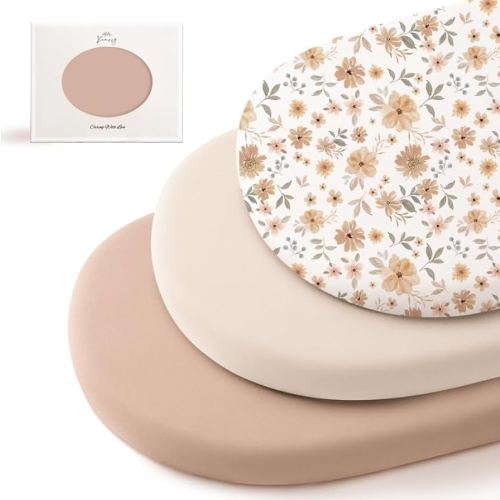 Konssy 3 Pack Stretchy Bassinet Sheets for Baby Girl Boy, Soft Breathable Baby Bassinet Mattress Sheets Fit for Hourglass Oval Cradle, Moses Basket Rectangle Mattress (Flourish)