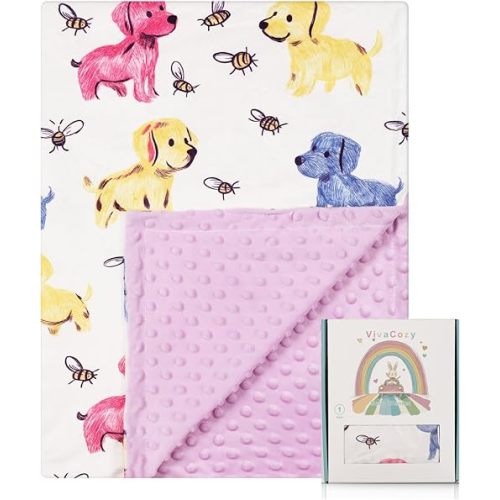 Baby Blankets for Girls Boys Neutral with Dog Bee Purple Design Super Soft Lightweight Blanket for Infant Toddler Nursery Crib Newborn with Double Layer Dotted Backing 30 x 40 Inch